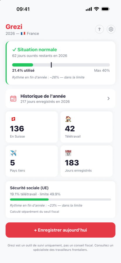 L’écran d’accueil de Grezi avec la limite de télétravail et les jours saisis cette année